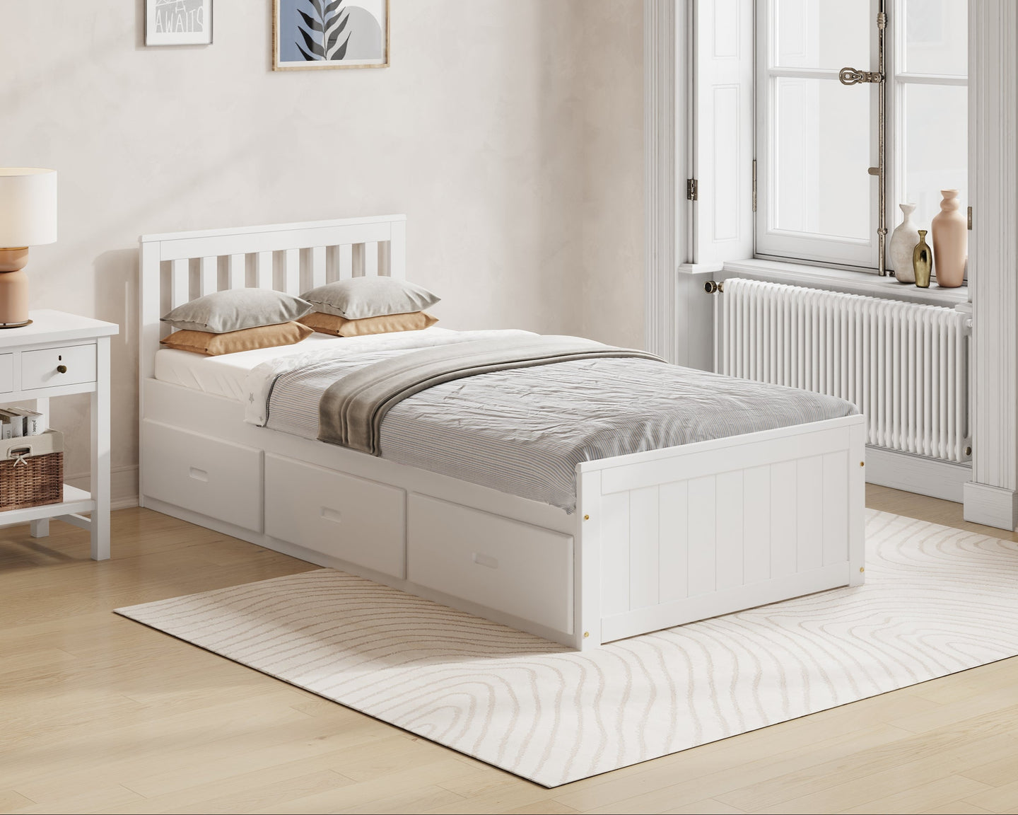 White bed with bedding in a bedroom setting, featuring Millie & Jones branding.